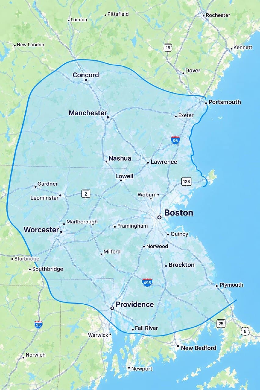 Map of New England with a blue shaded region covering Boston, Worcester, Providence, and Concord.