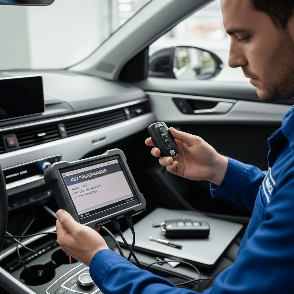 Technician holding a smart key fob and programming it with a diagnostic tool