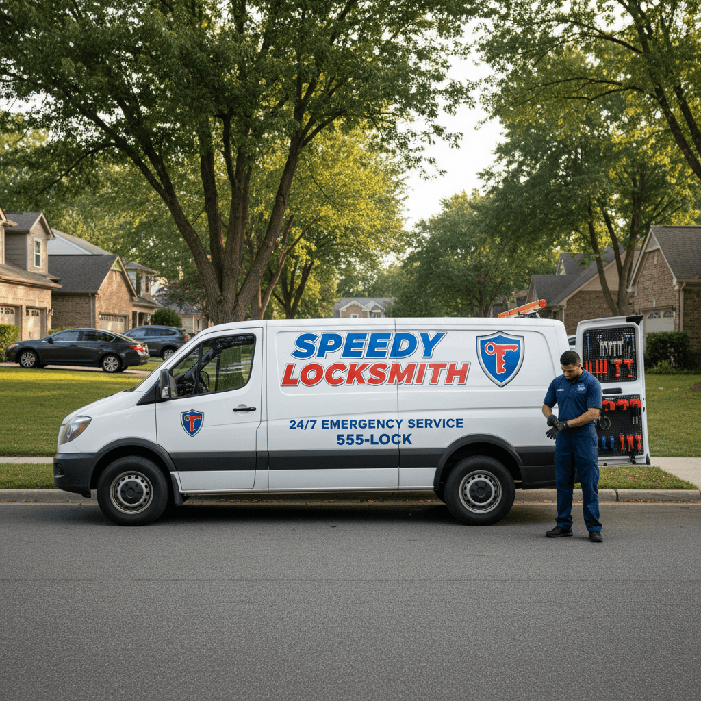 Mobile locksmith van parked on a residential street ready for service
