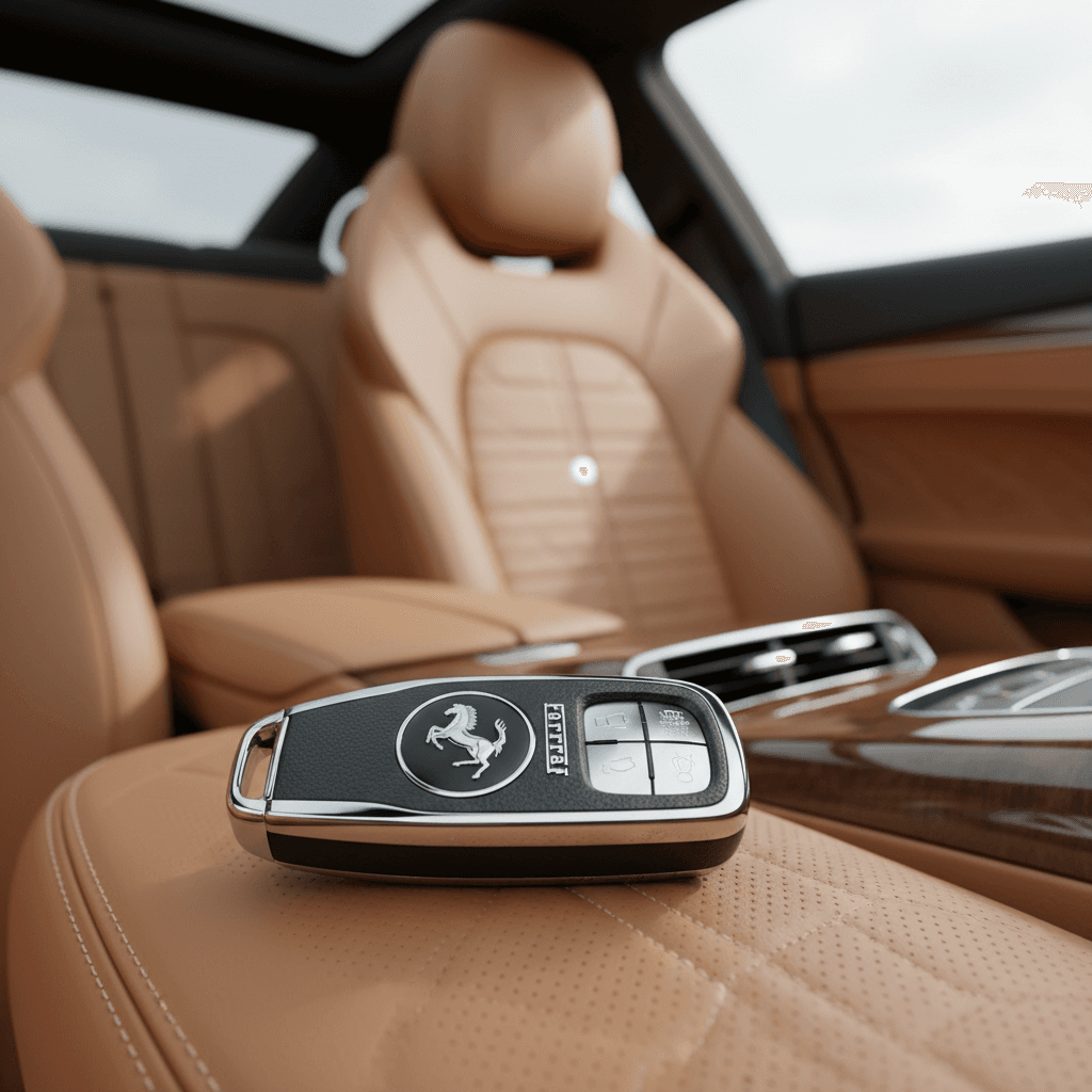 Luxury car key fob resting on a leather seat in a premium vehicle