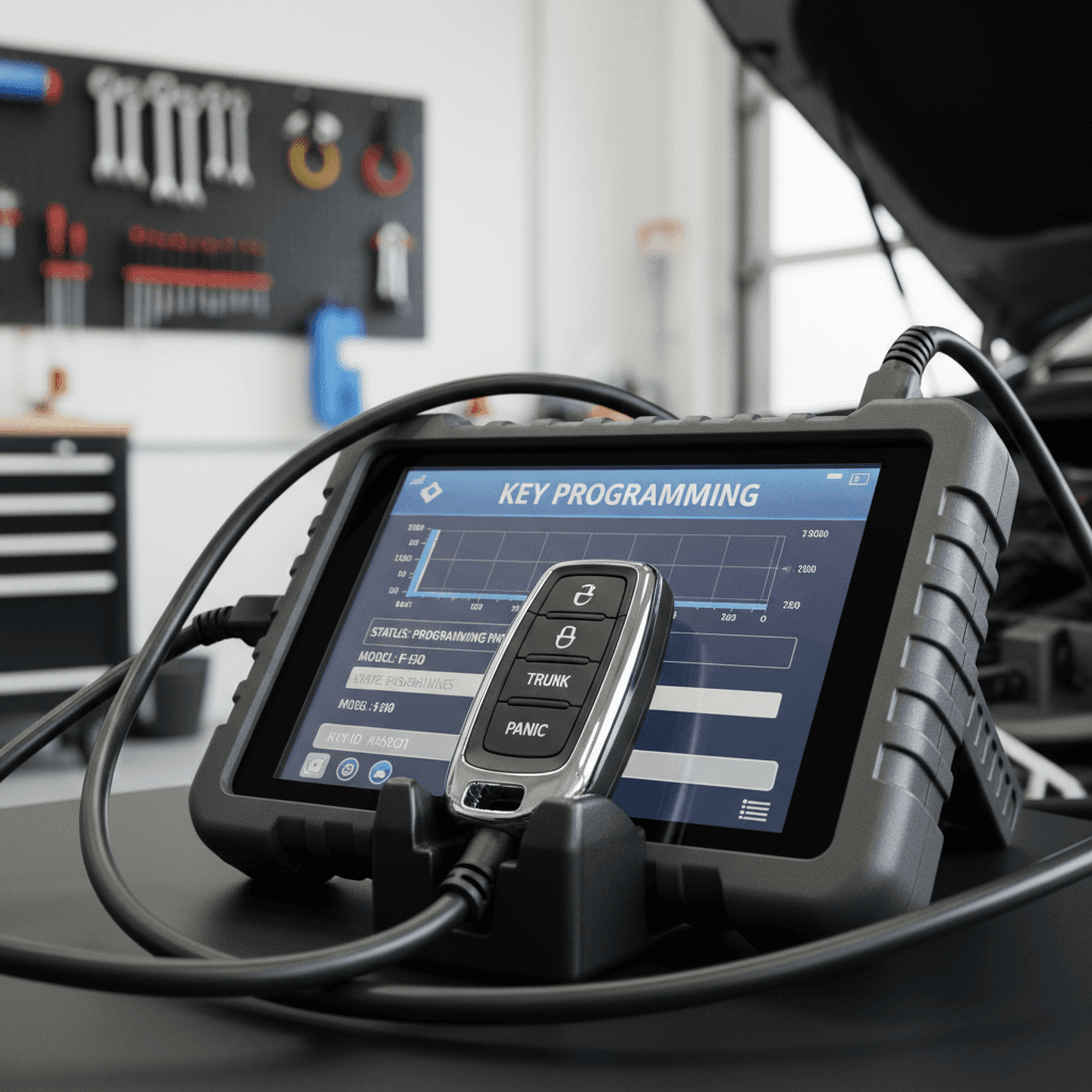 Technician programming smart key fob with diagnostic equipment