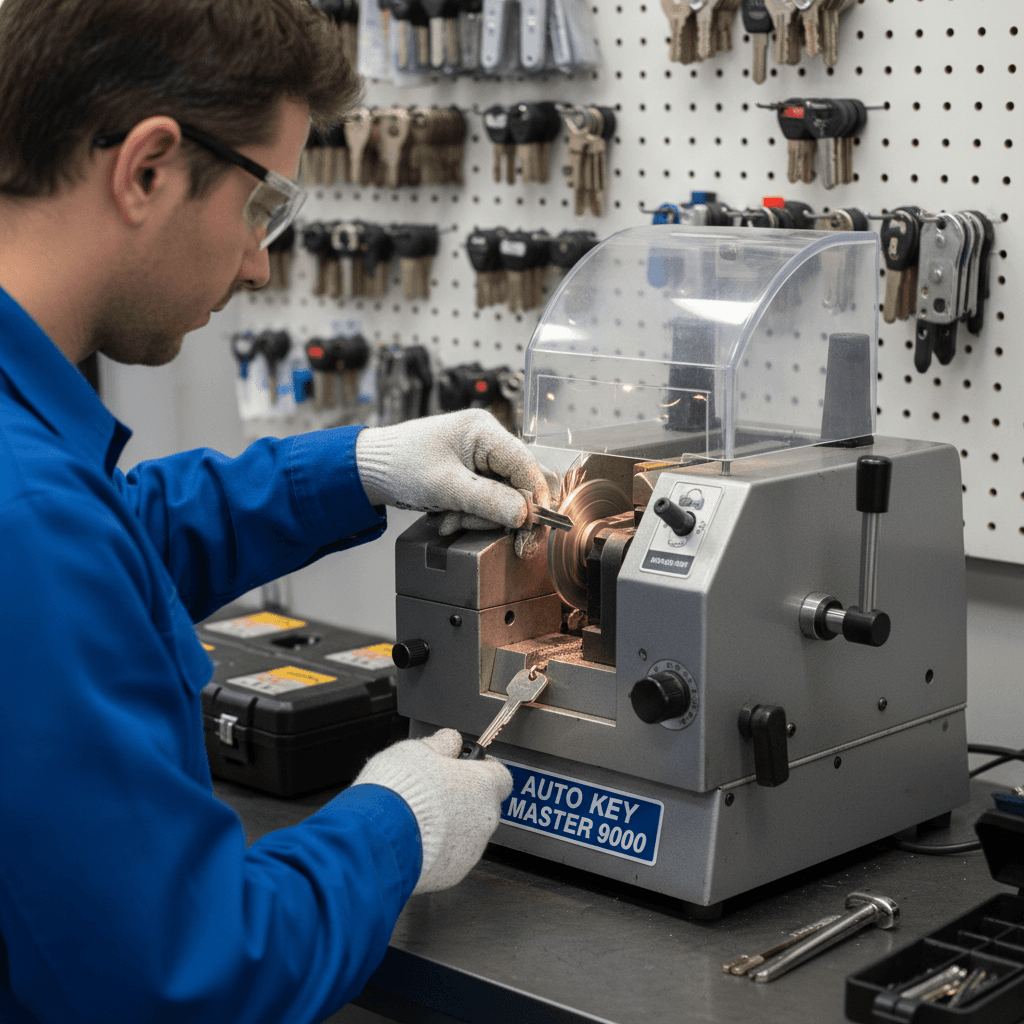 Locksmith cutting a new car key with a precision key cutting machine