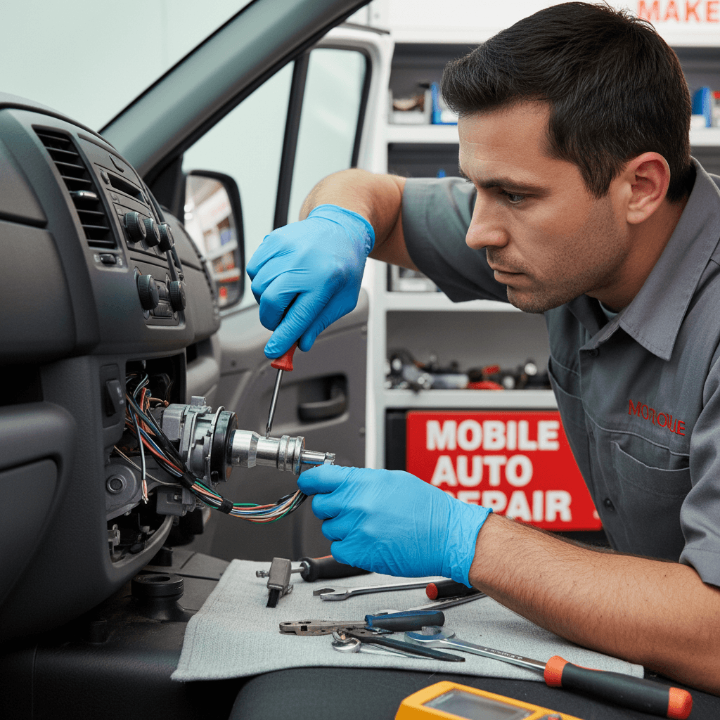 Close-up of a technician repairing a car ignition column with a screwdriver in a service van