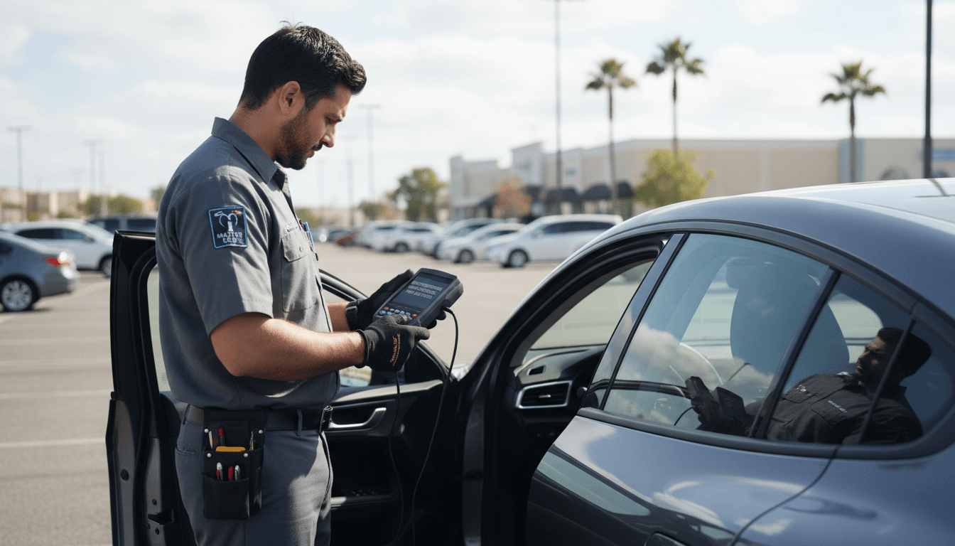 Professional auto locksmith programming a car key beside a vehicle in a parking lot