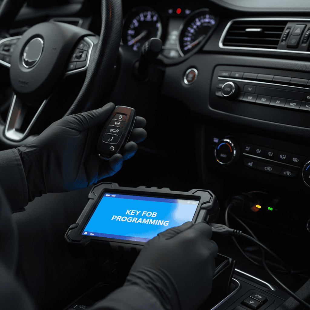 Close-up of a technician programming a car key fob with a diagnostic tool inside a vehicle