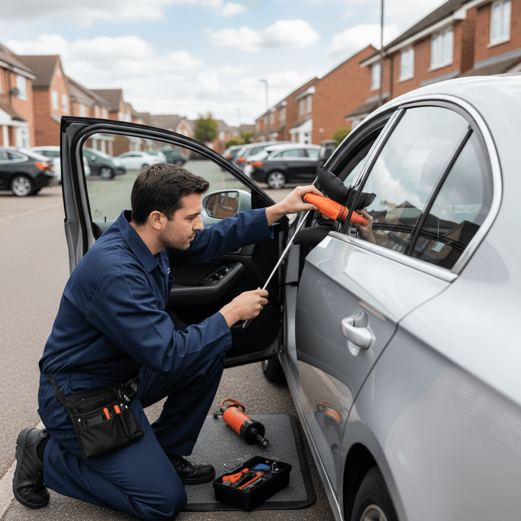 Side view of a locksmith using a wedge and air wedge to unlock a car door without damage