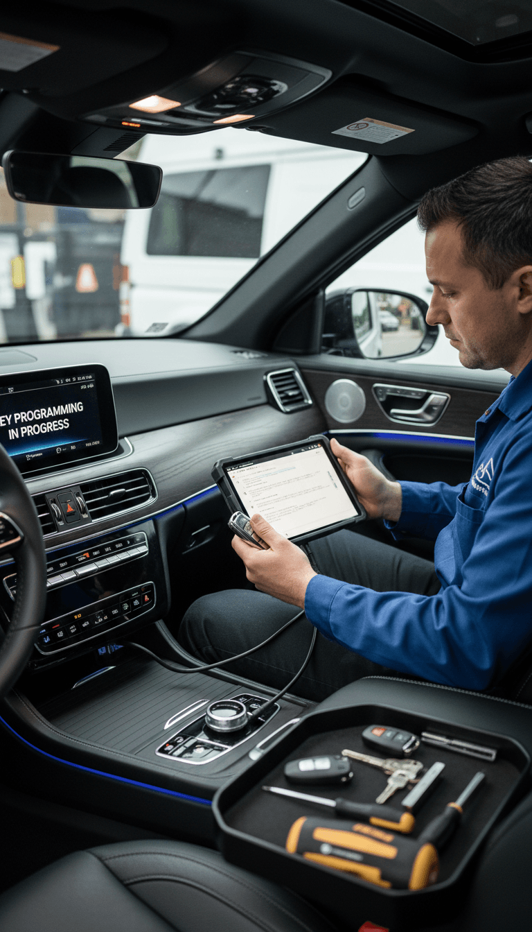 Locksmith programming a car key inside a vehicle in Boston