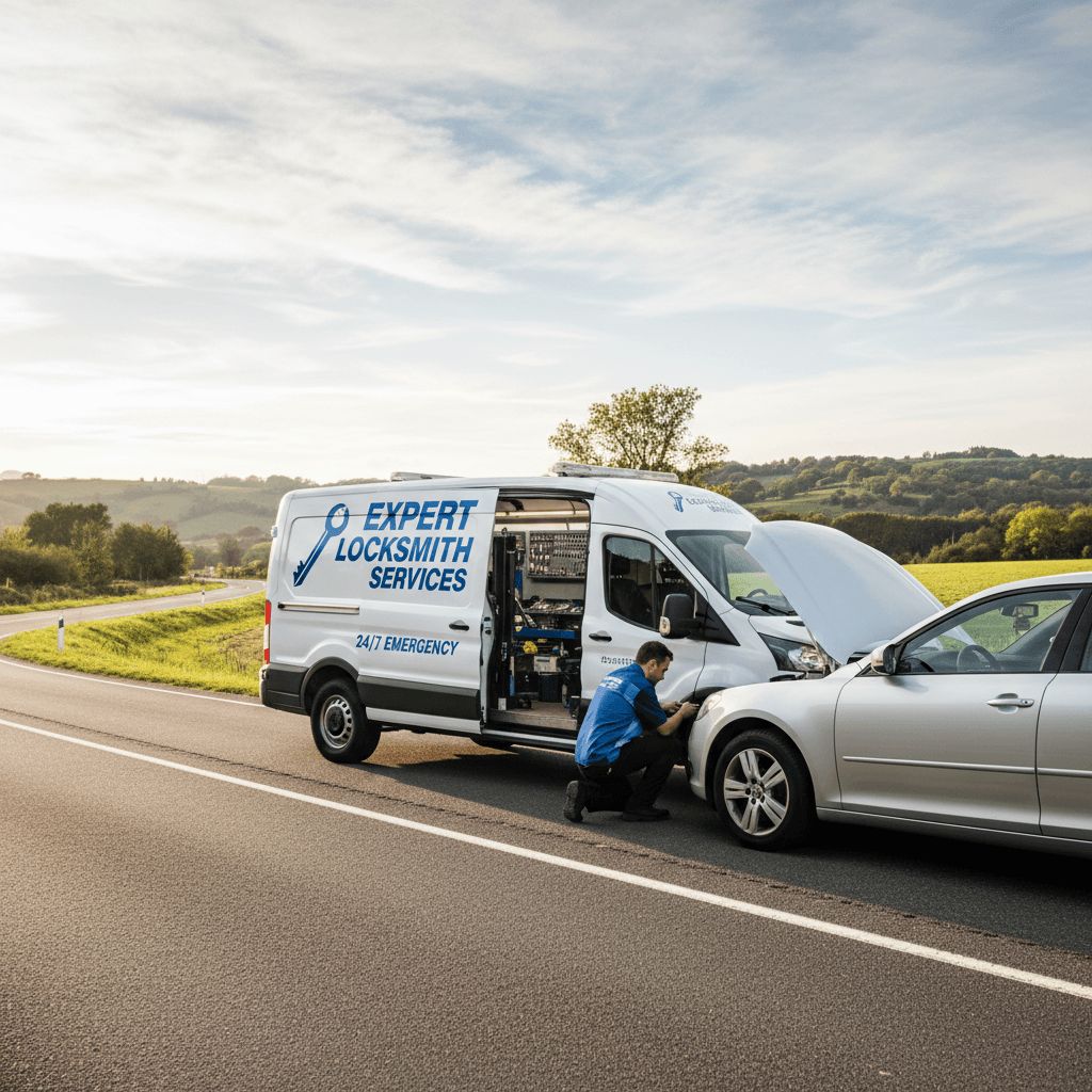 Mobile locksmith service van parked beside car on street