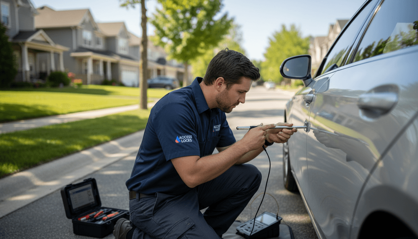 Locksmith technician unlocking a modern car door on a residential street