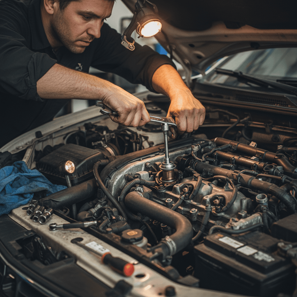 Mechanic repairing a car ignition cylinder with a wrench near the engine bay
