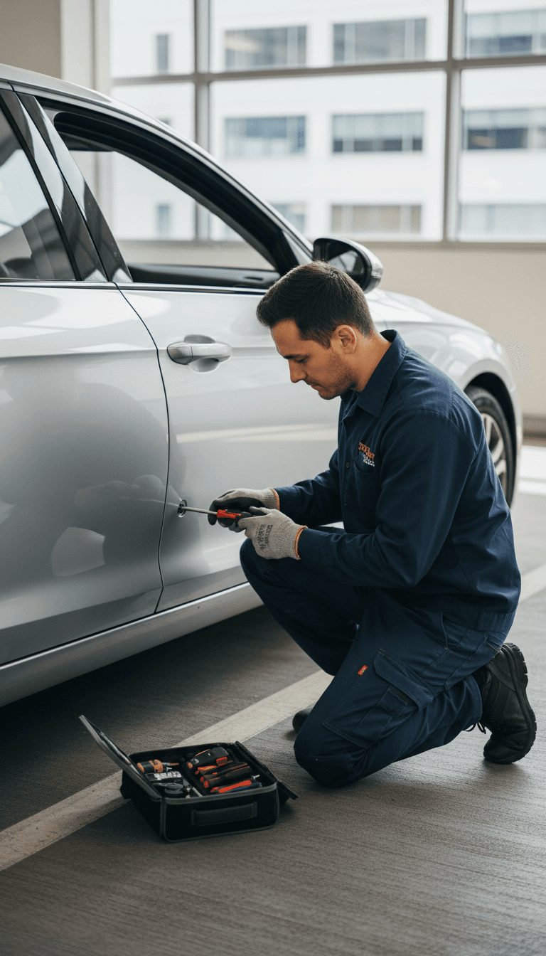 Professional locksmith working on a modern car door