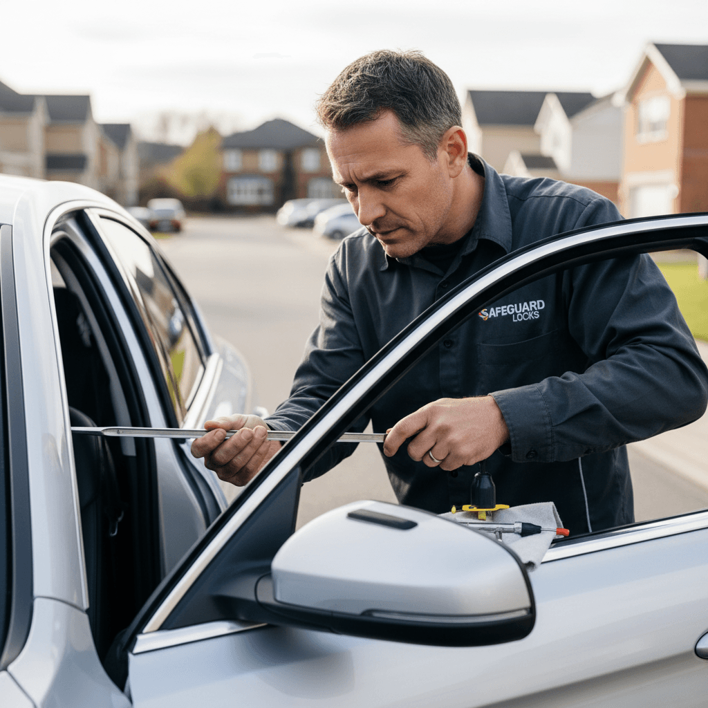 Locksmith opening a car door with a professional tool without causing damage