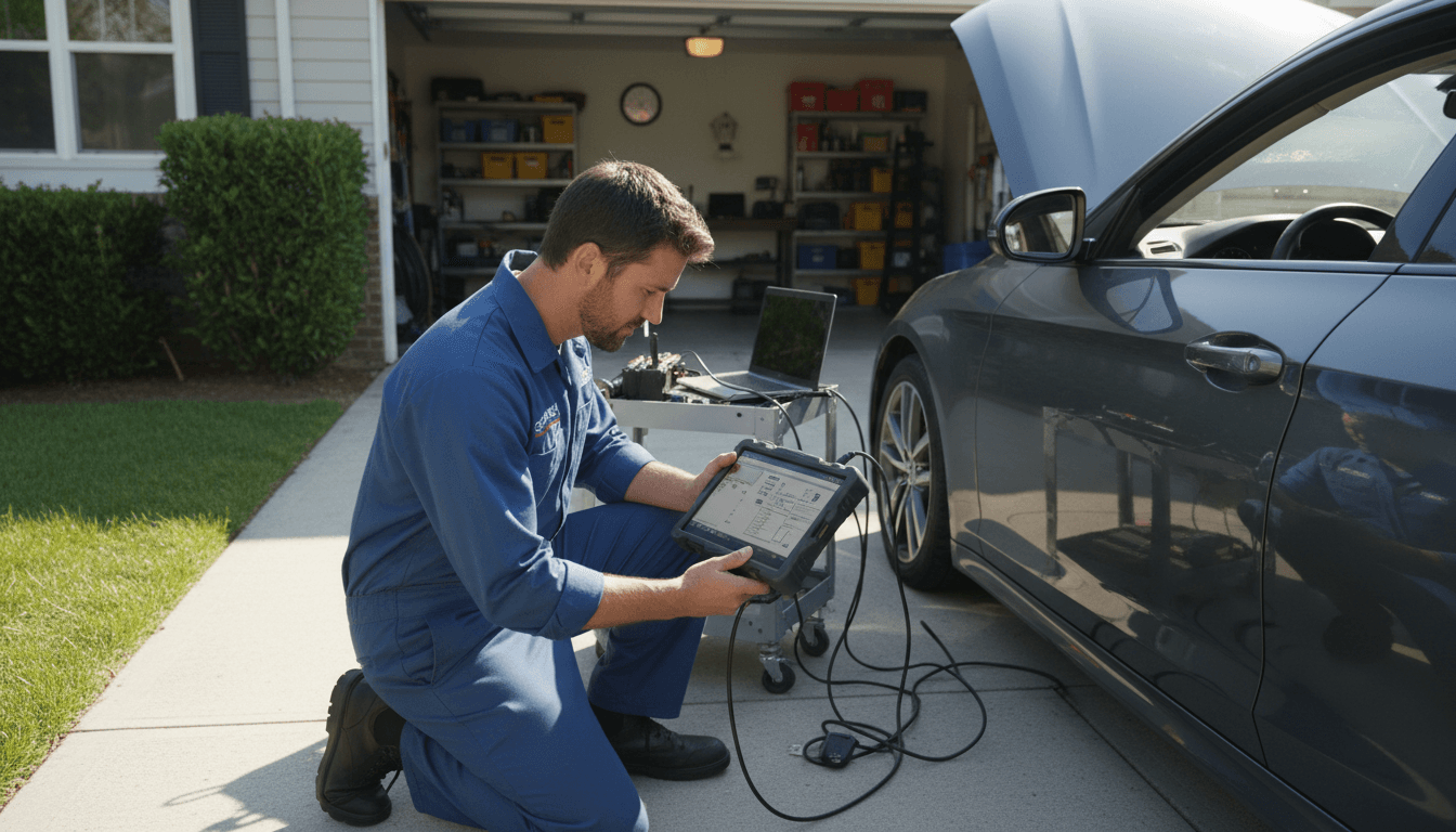 Locksmith technician programming a car key beside a vehicle in a driveway