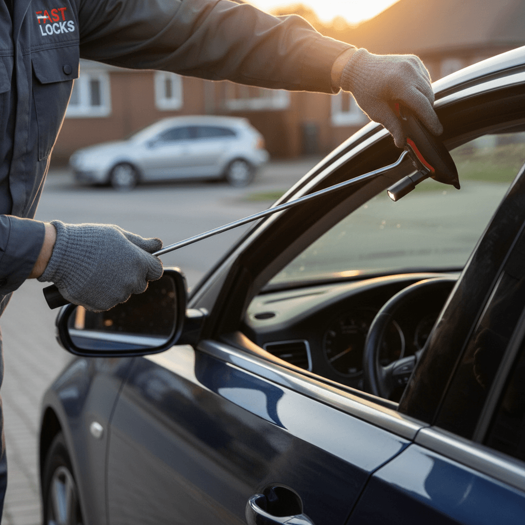 Locksmith carefully opening a locked car door using professional tools