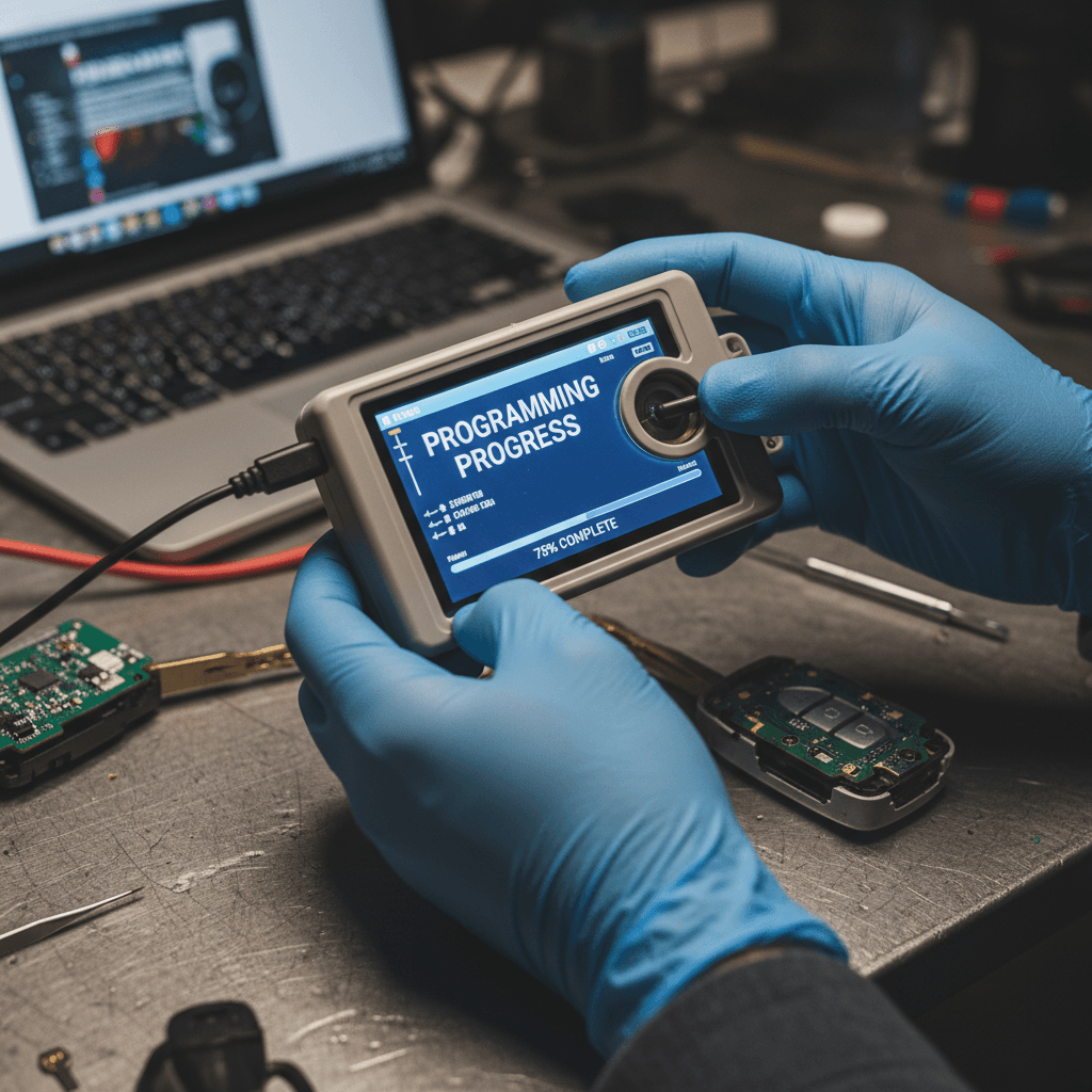 Handheld programmer connecting to car key chip