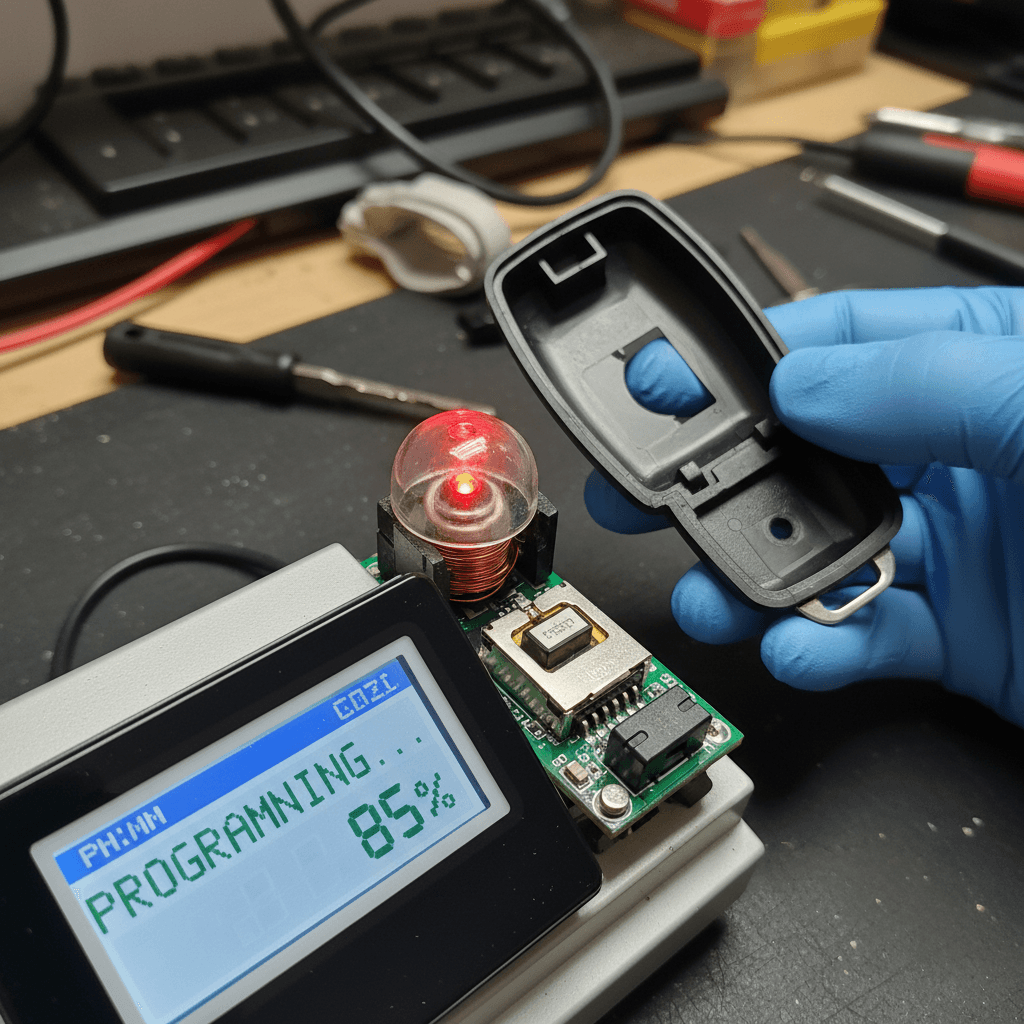 Close-up of a transponder key with its chip being programmed
