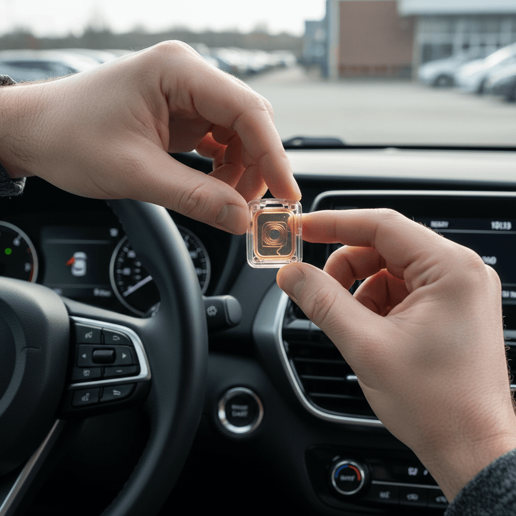 Close-up of hands holding a transponder car key chip near a vehicle
