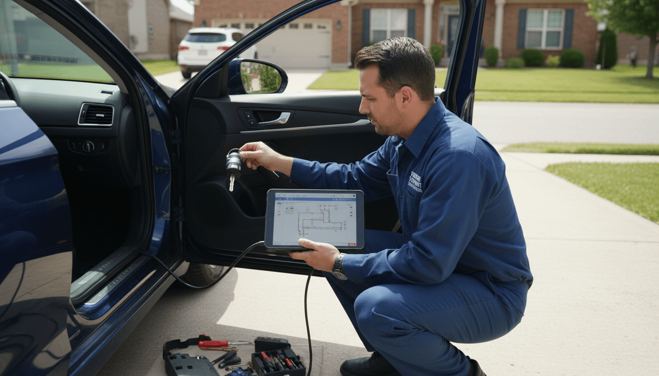 Professional locksmith technician working on a car door with a key programming tool in a driveway