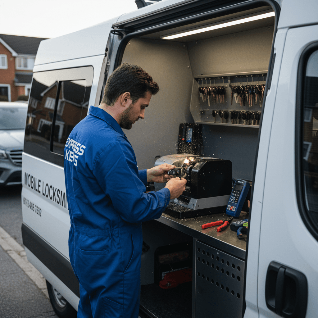 Locksmith cutting a new car key at a mobile workstation