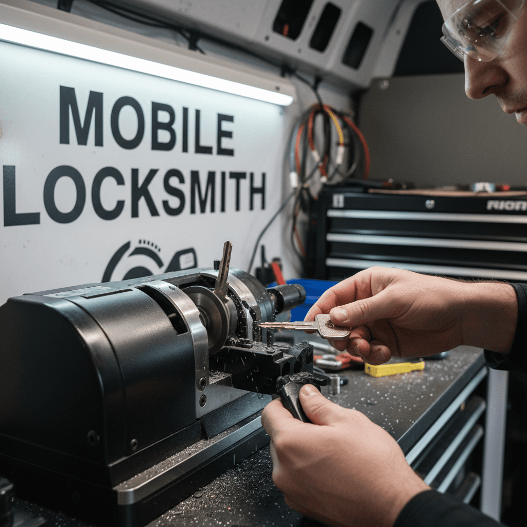 Close-up of a locksmith cutting a new car key with a key cutting machine in a service van