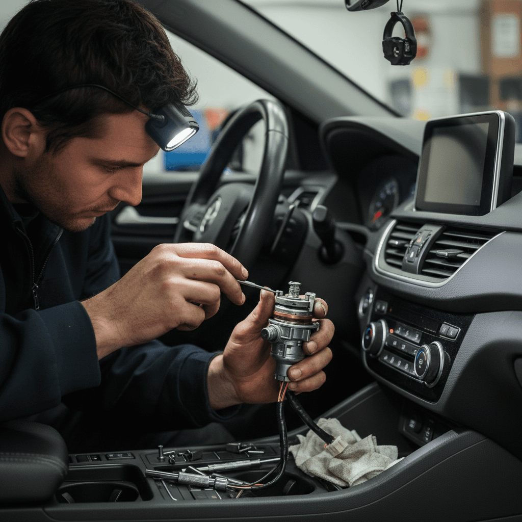 Locksmith working on car ignition cylinder near steering column