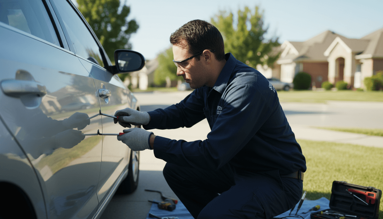 Professional locksmith technician in uniform working on a car door lock with tools outdoors in daylight