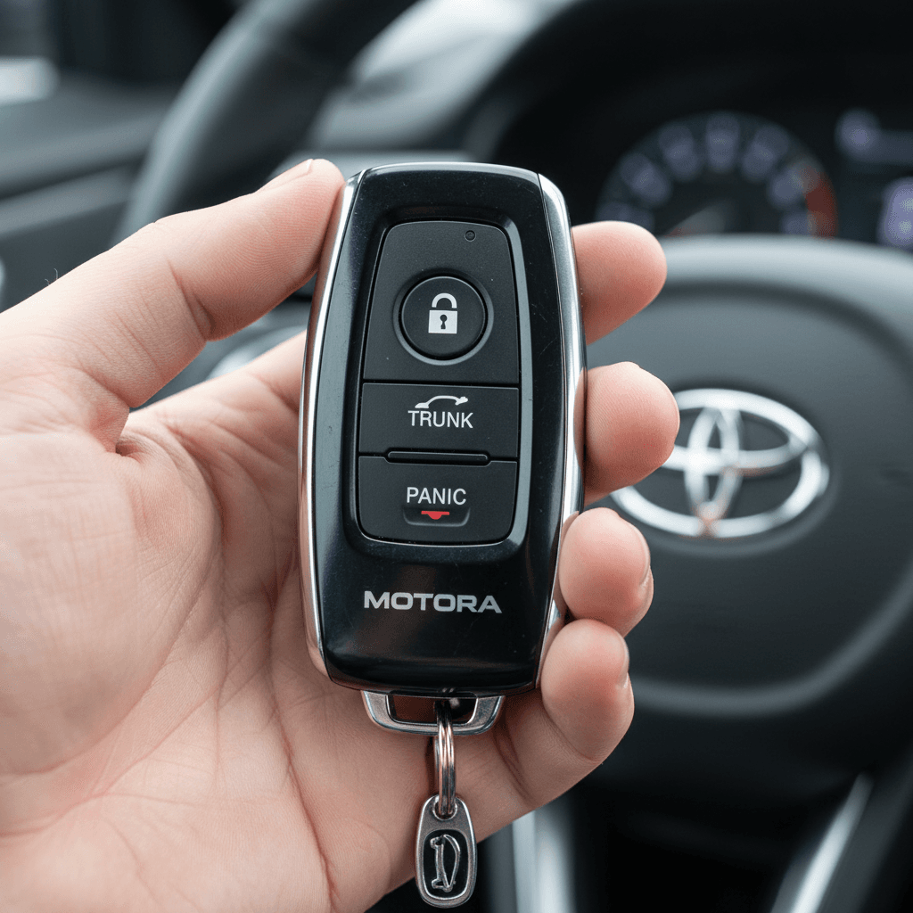 Person holding modern car key fob with buttons