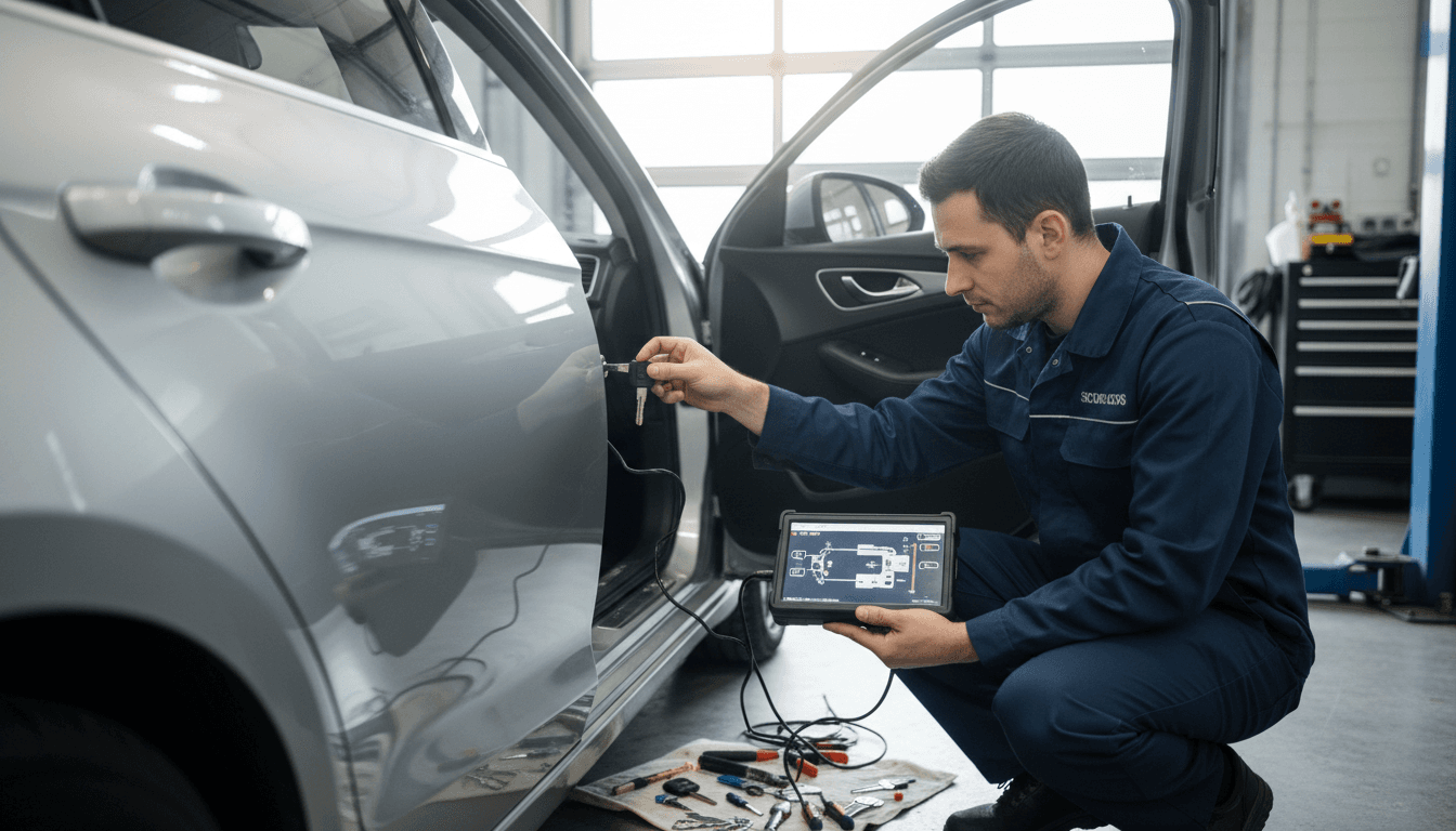Professional locksmith technician working on a car door with a key programming tool