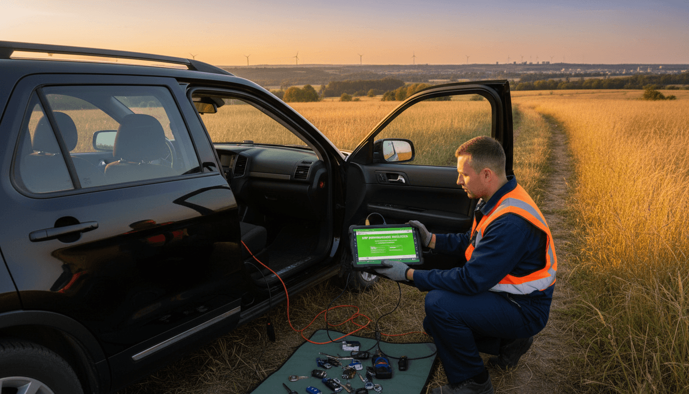 Locksmith technician programming a car key on site