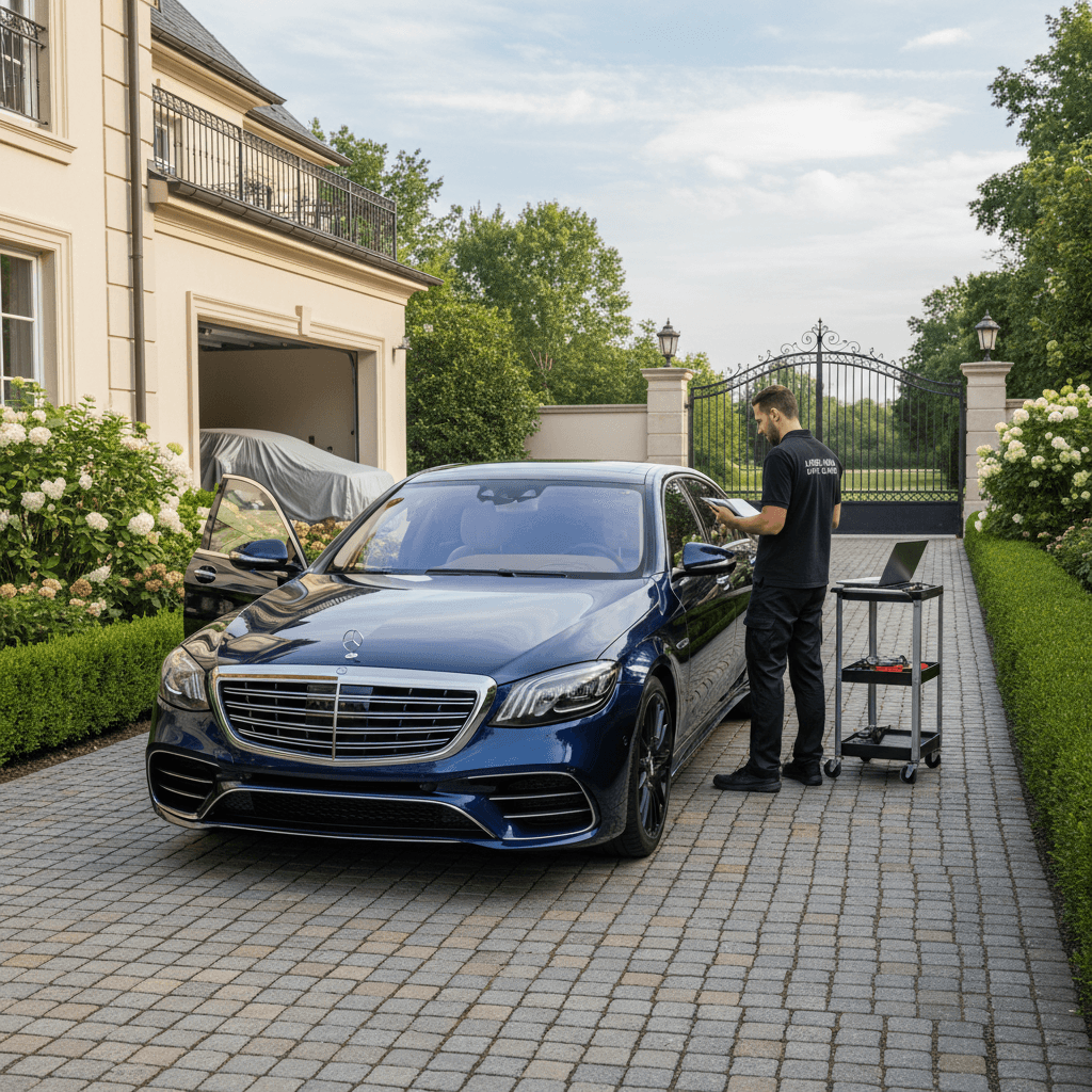 Technician servicing a luxury European car in a residential driveway