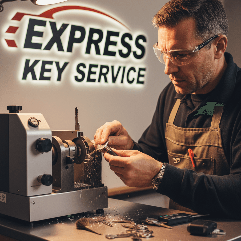 Locksmith using key cutting machine to duplicate car key