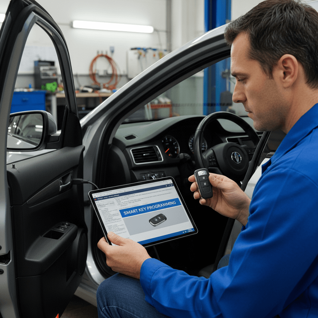 Technician programming a smart key fob with a diagnostic tool beside a car