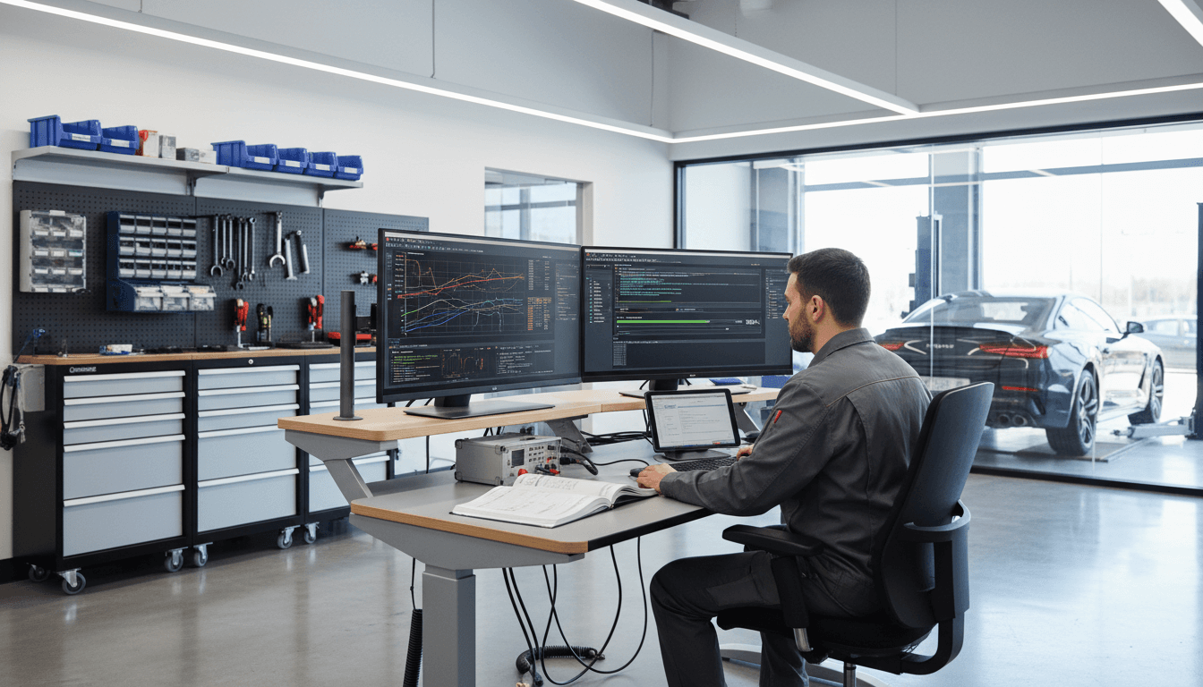 Locksmith technician programming a car key with a diagnostic tool in a modern workshop