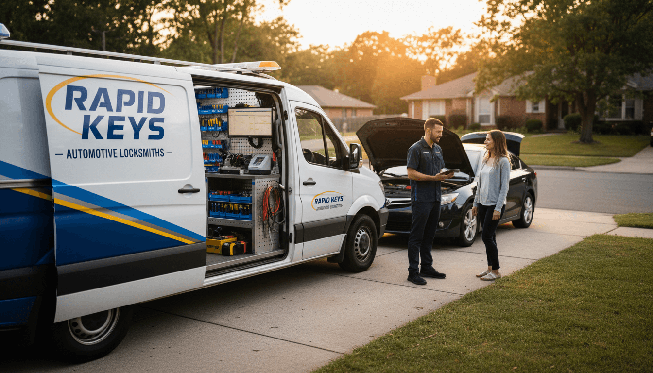 Mobile locksmith service van at night ready to help with car key replacement