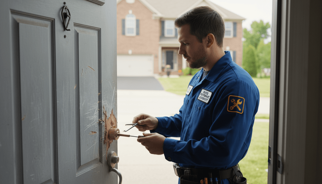 Professional mobile locksmith working on a car door outside a home