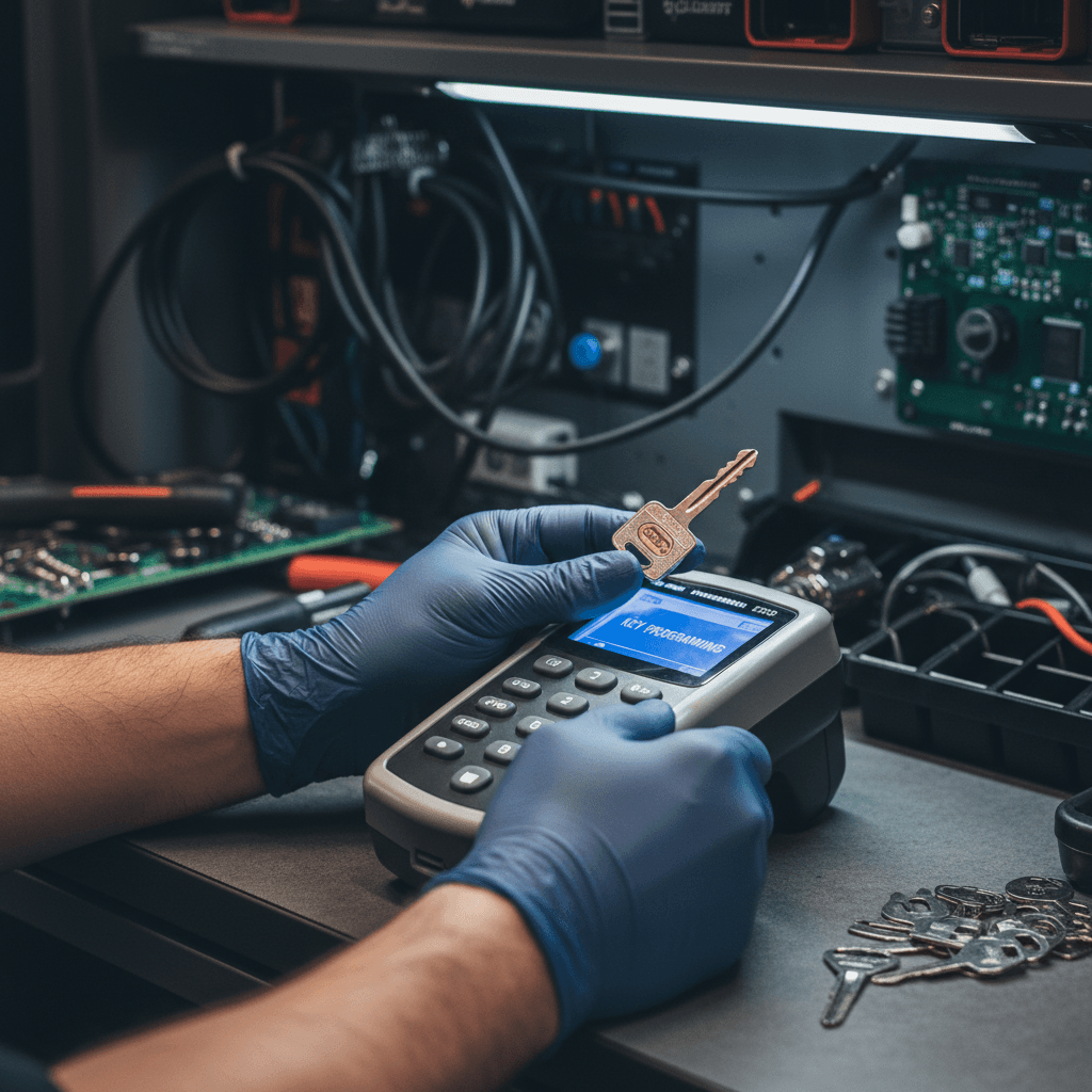 Technician using a laptop to program a smart key fob