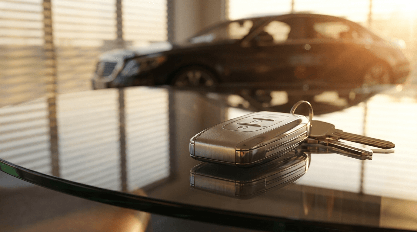 White BMW car key with house key in foreground near luxury vehicle