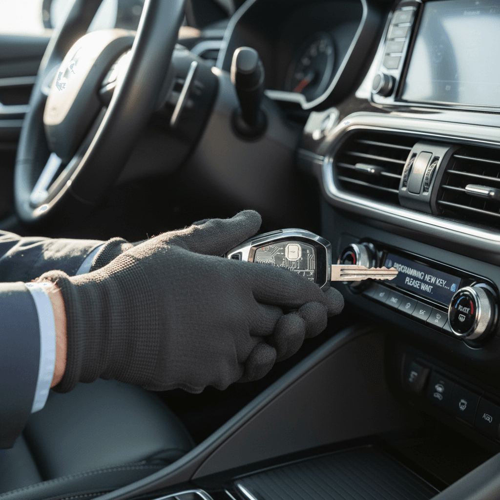 Technician programming a luxury car key fob in a modern workshop