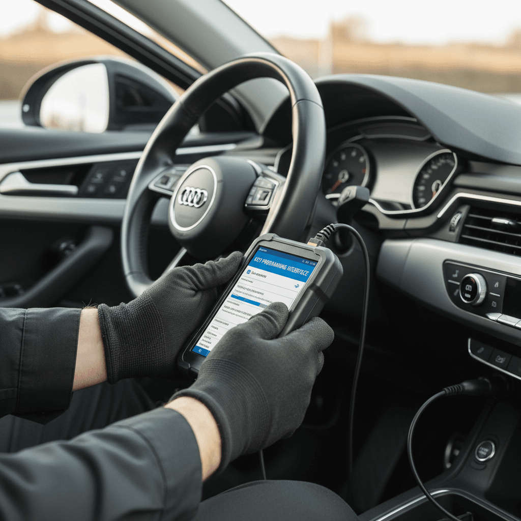 Technician programming a car key with a diagnostic tool