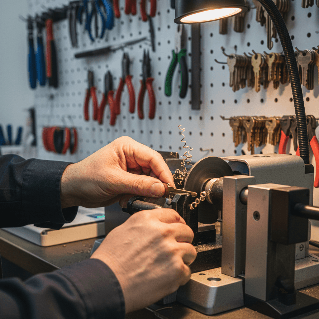 Locksmith tool kit with key cutting machine and blank keys