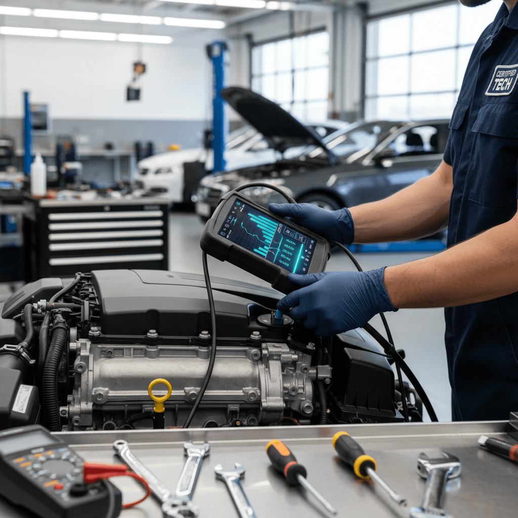 Technician repairing a car ignition cylinder inside the vehicle
