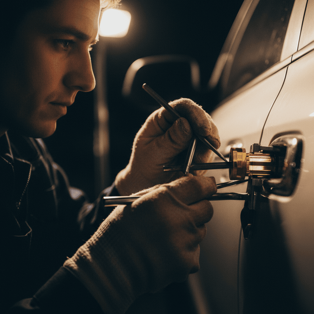 Professional locksmith unlocking a car door with tools at night