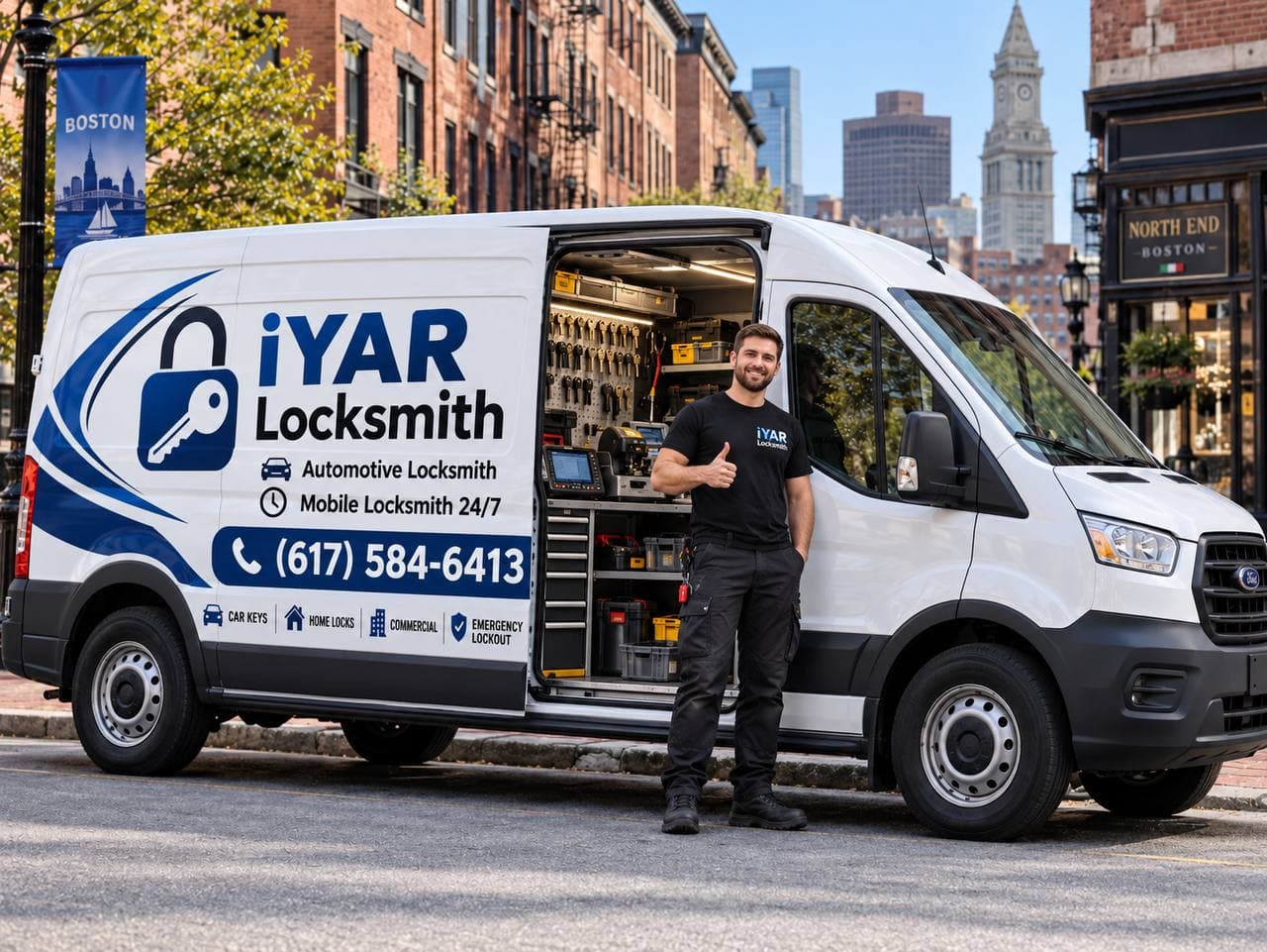 Smiling locksmith stands beside a branded iYAR Locksmith van on a street in Boston.