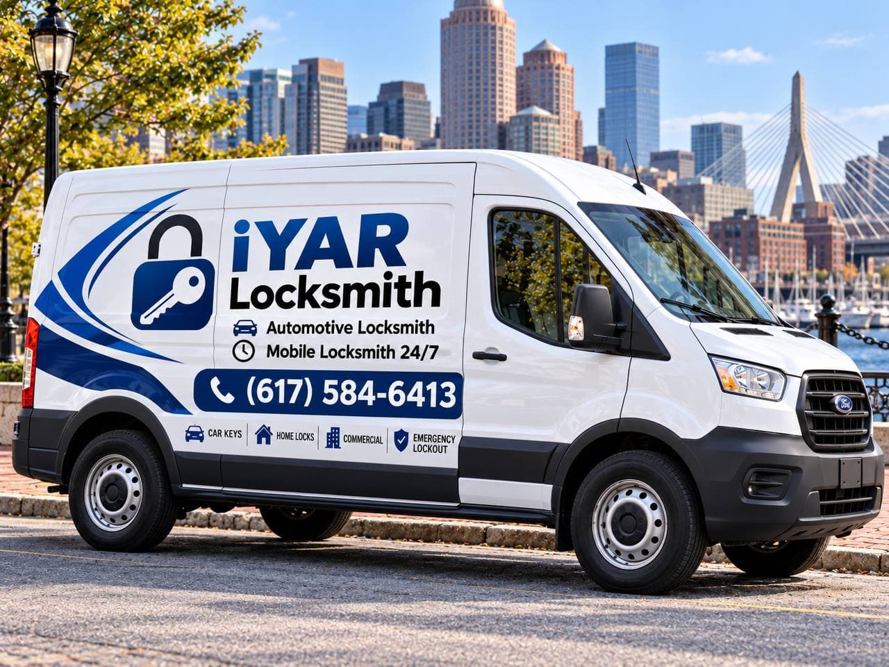 White iYAR Locksmith service van parked on a street with a city skyline background.